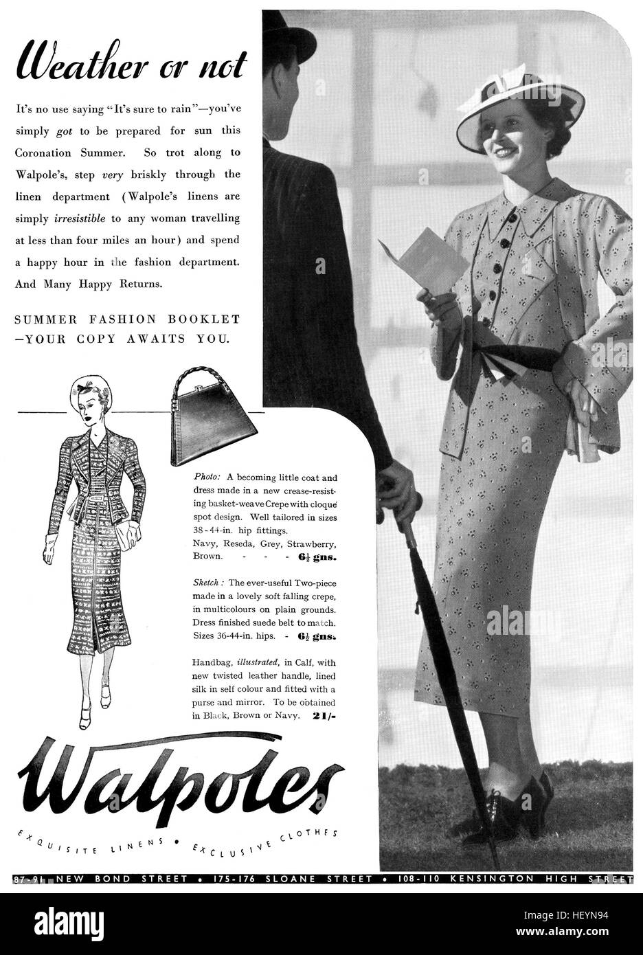 1937 British pubblicità per Walpoles Store, New Bond Street, Londra Foto Stock