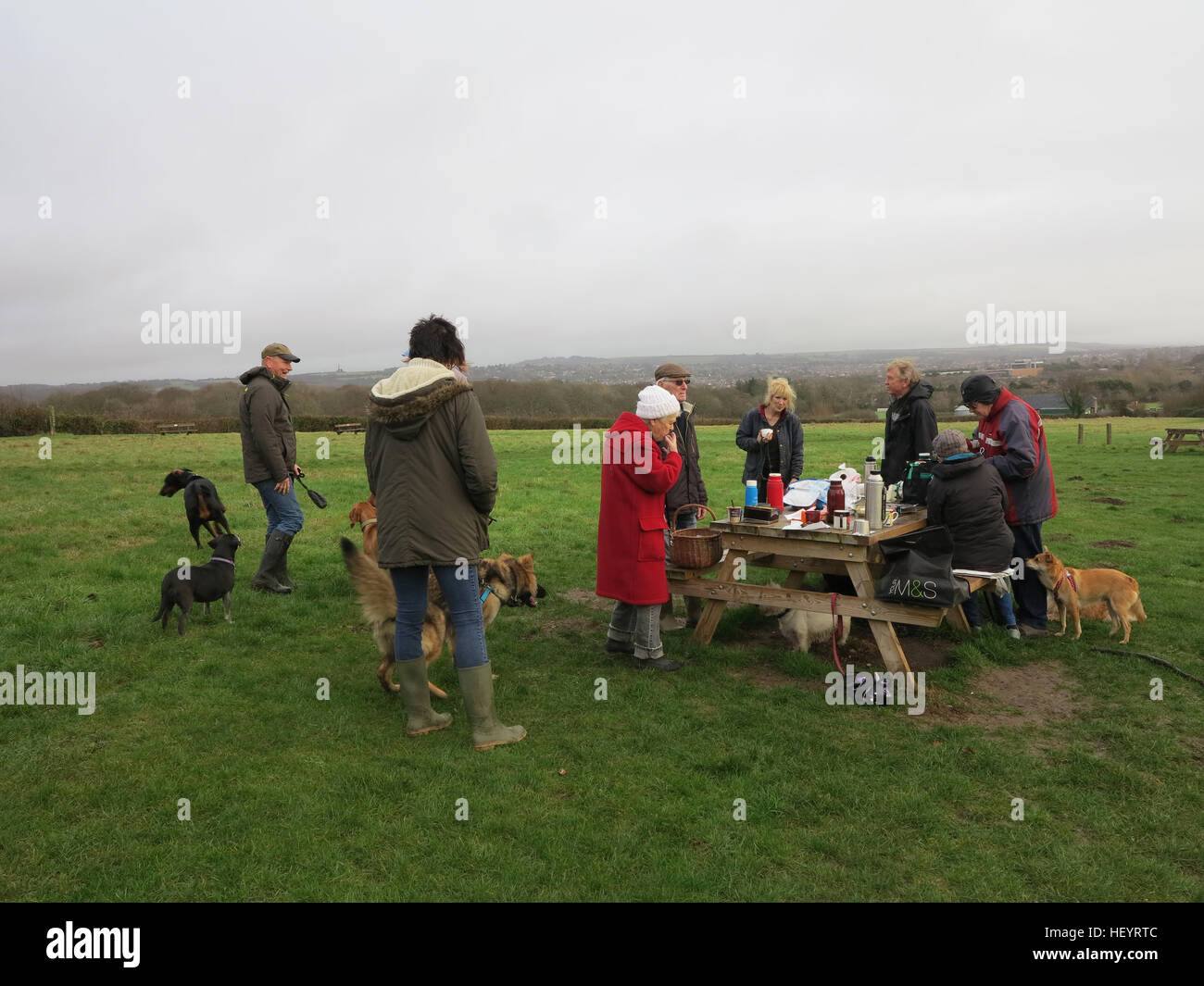 Dog walkers sul South Downs avente un picnic nel giorno di Natale del mattino Foto Stock