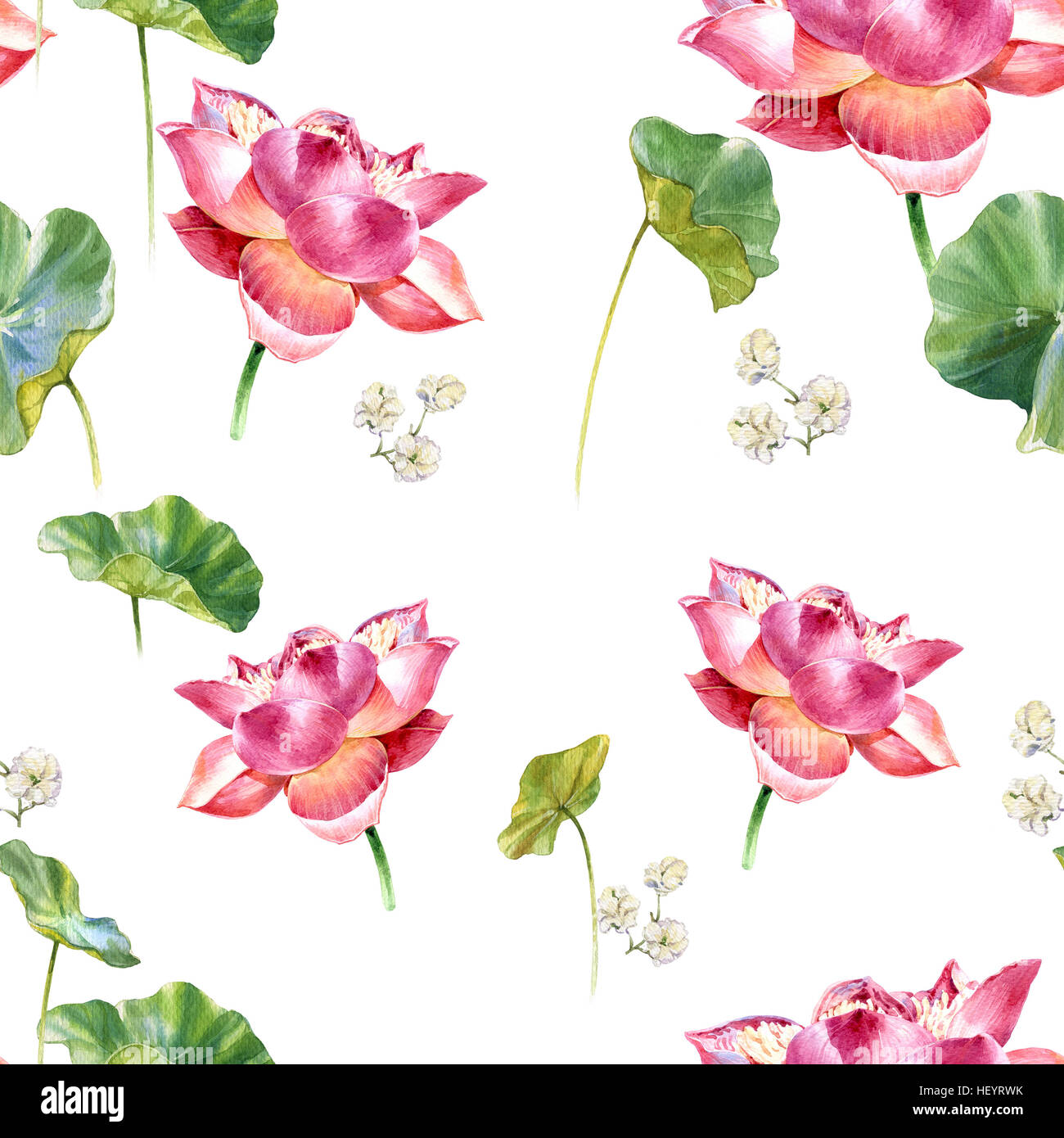 Illustrazione ad acquerello pittura di foglie e lotus , seamless pattern su sfondo bianco Foto Stock