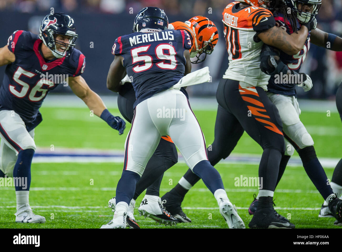 Houston, Texas, Stati Uniti d'America. 24 dicembre, 2016. Houston Texans al di fuori linebacker Whitney Mercilus (59) Sacchi Cincinnati Bengals quarterback Andy Dalton (14) durante il quarto trimestre di un gioco di NFL tra Houston Texans e Cincinnati Bengals a NRG Stadium di Houston, TX su dicembre 24th, 2016. I Texans hanno vinto il gioco 12-10, e rivendicato il sud di AFC Championship e un ormeggio di spareggio. © Trask Smith/ZUMA filo/Alamy Live News Foto Stock