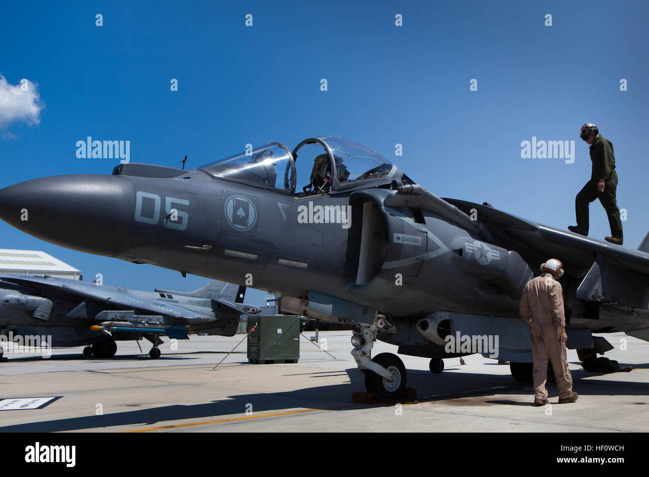 Marines Powerline, con attacco Marino Squadron 231, condurre la fase di pre-flight ispezioni dell'unità AV-8B Harriers sulla linea di volo a Cherry Point, 8 giugno. La tecnologia Powerline Marines di gestire il lancio e il recupero degli aeromobili, nonché gli interventi di manutenzione del motore e il rifornimento di carburante. In preparazione di un imminente la distribuzione in Afghanistan, lo squadrone capi da 29 palmi, in California, il prossimo mese per la formazione sulla distribuzione di esercizio, Enhanced Mojave Viper. La linea di volo footprint, E28098prima e finestE28099 Harrier squadron aumenta a rampe per l'Afghanistan 120608-M-XK427-001 Foto Stock