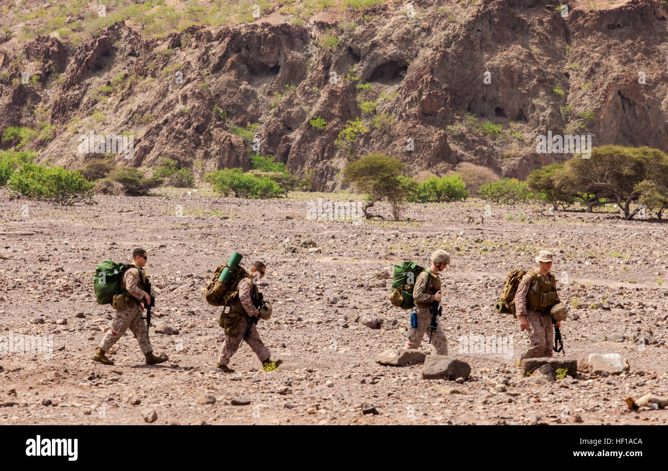 Marines trasporti la loro marcia dopo l'uscita di una landing craft, cuscino d'aria navi assegnate alla USS Kearsarge (LHD 3), sulla spiaggia di Arta in Gibuti, Africa, maggio 27, 2013. Il ventiseiesimo MEU è un Marine Air-Ground Task Force distribuita negli Stati Uniti Quinta Flotta area di responsabilità a bordo del Kearsarge Amphibious Ready Group che serve come un mare-basato, crisi expeditionary Forza di risposta in grado di condurre le operazioni anfibie in tutta la gamma di operazioni militari.(STATI UNITI Marine Corps foto di Sgt. Christopher D. Pietra, XXVI MEU Combattere la telecamera/RILASCIATO) 26 MEU Gibuti LCAC sbarchi 130527-M-così Foto Stock