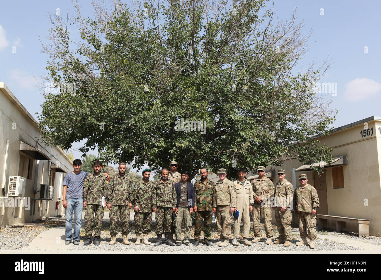 Stati Uniti I soldati dell esercito con 101st Airborne Division (Air Assault) e l esercito nazionale afghano soldati dal 7 Kandak S-4, 1° Brigata, 203rd Corp posano per una foto dopo la finitura del comune di inventario in avanti su una base operativa Salerno, Afghanistan, 7 ottobre, 2013. La 101st Airborne Div. è in Afghanistan come parte dell'Operazione Enduring Freedom. (U.S. Esercito foto di Spc. Charles M. Willingham/ Rilasciato) FOB Salerno inventario comune 131008-A-OS291-117 Foto Stock