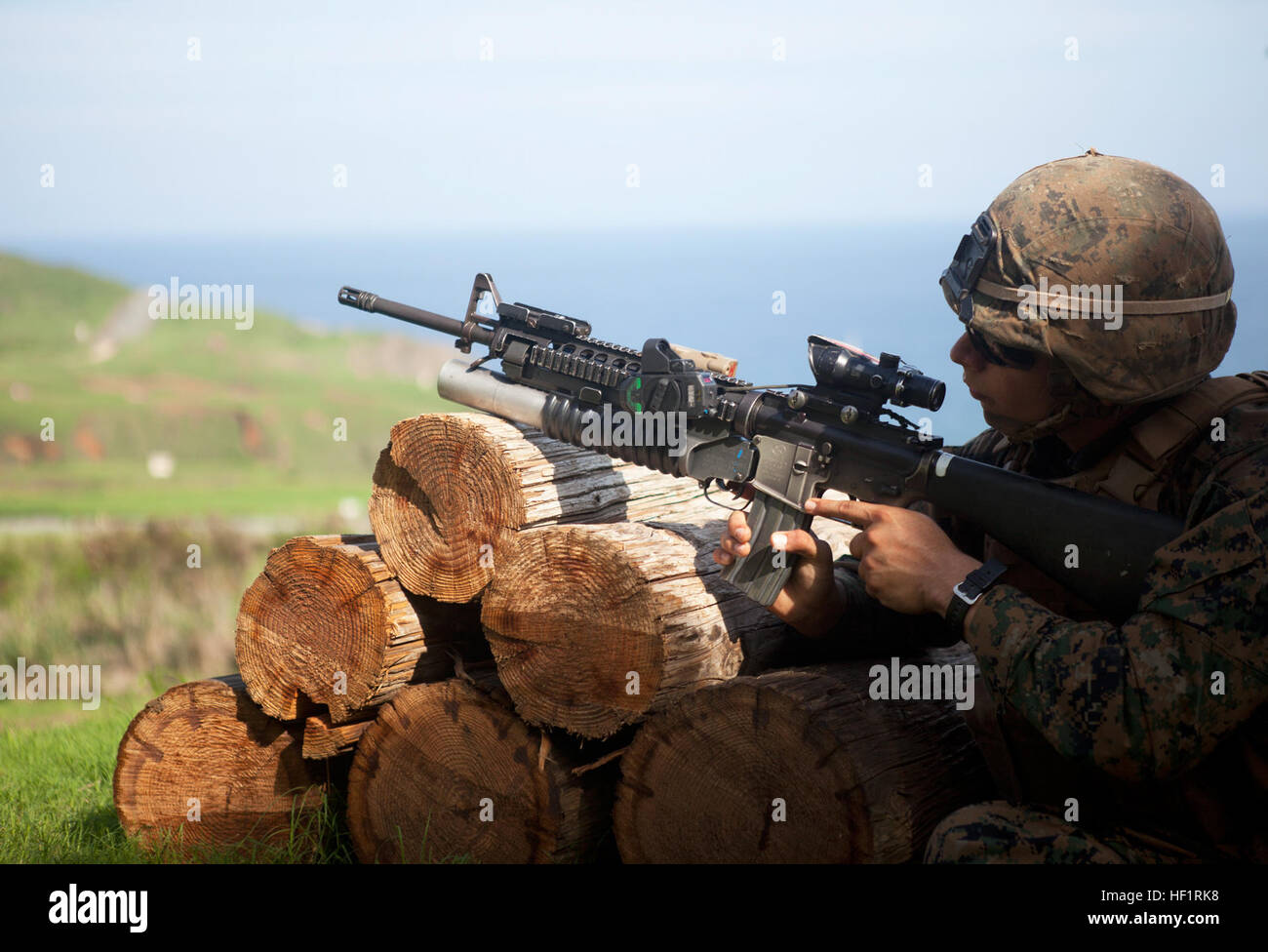 Privato di prima classe Ivan Arredondo, un rifleman con 2° Battaglione, 3° Reggimento Marine, spara un M203 lanciagranate con un recentemente sviluppato dalla vista come parte della nuova apparecchiatura di formazione presso Kaneohe Bay gamma training facility, nov. 19. Azzeramento in, 3° Reggimento Marine prove spettacolo nuovo 131119-M-NP085-011 Foto Stock