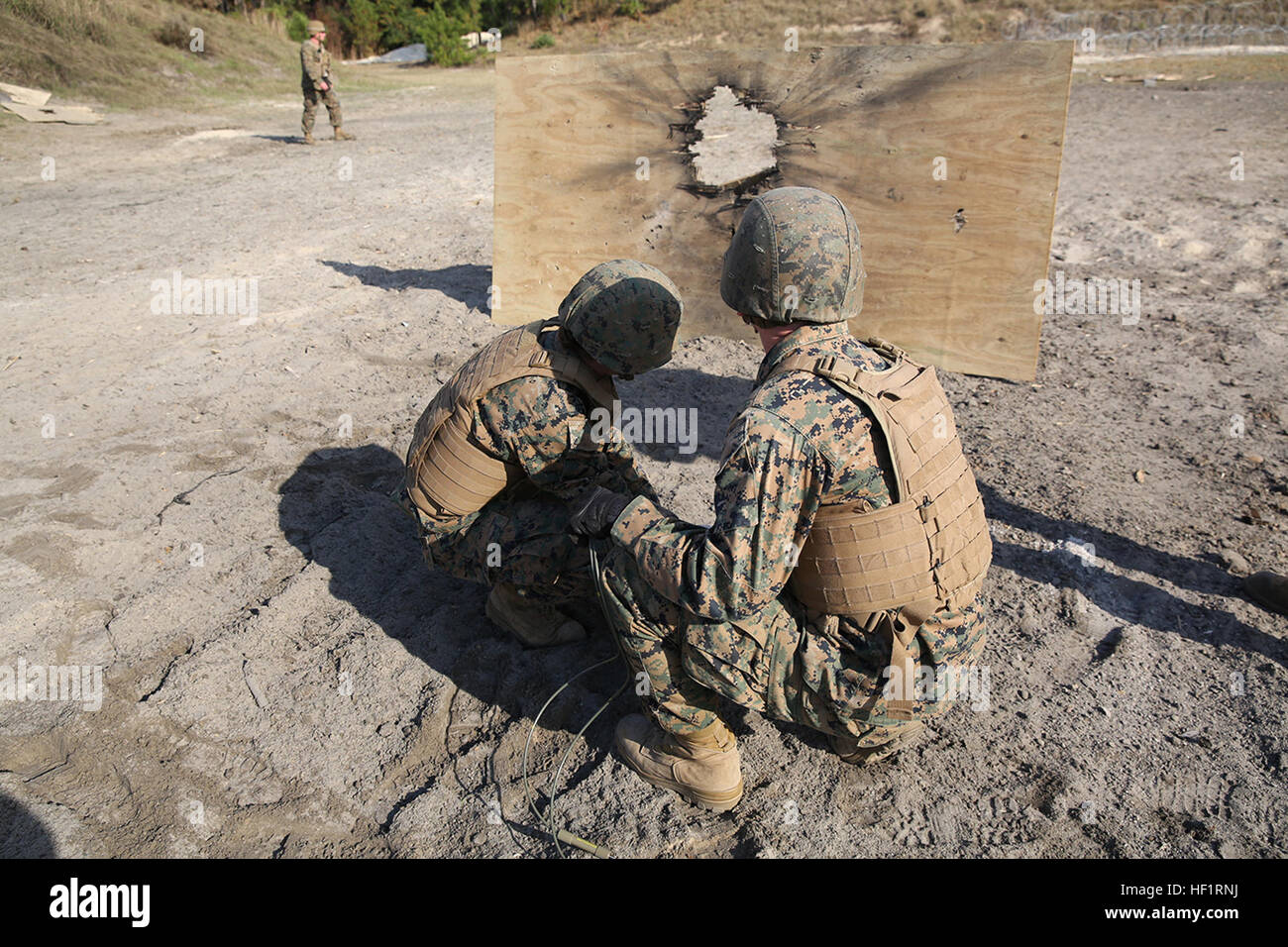 Marines con nastro migliorate plotone di ponte, 8 Supporto tecnico di battaglione, 2° Marine Logistics Group luogo una carica esplosiva, rivolta a una tavola di compensato durante una demolizione esercitazione a bordo di Camp Lejeune, N.C., nov. 20, 2013. Il plotone utilizzati esplosivi per perforare i fori di porte e pareti chiare concertina filo da un percorso chiaro e camere di combattenti ostili. Bridge Co. Marines condurre le demolizioni a costruire l'esperienza 131120-M-DS159-120 Foto Stock