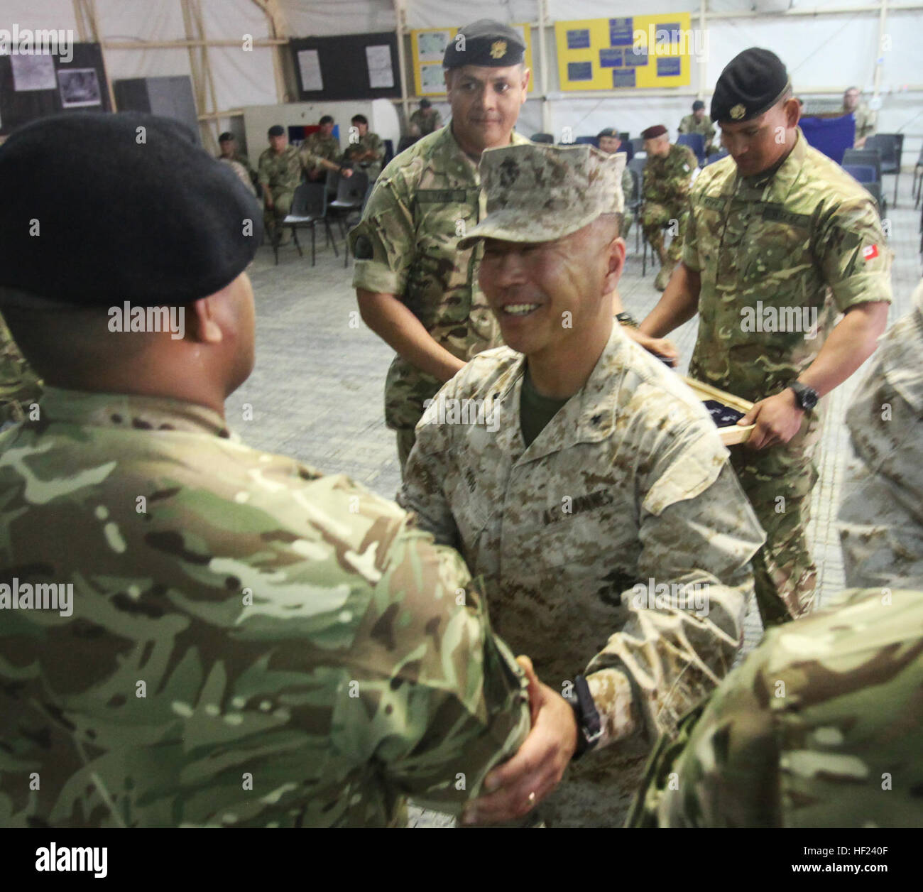 Il brigadiere gen. Daniel D. Yoo, comandante del Comando Regionale (sud-ovest), scuote un Royal Marine Tongan la mano in apprezzamento per il Regno di Tonga è impegno nell'assistere International Security Assistance forze durante una cerimonia di congedo a bordo di Camp Bastion, Afghanistan, 28 aprile 2014. Fin dall'inizio del loro impegno nel 2010, il Regno di Tonga ha inviato quasi i tre quarti di tutta la sua forza di combattimento nella provincia di Helmand. (U.S. Marine Corps foto di Cpl. Cody Haas) Royal Marines Tongan dire addio, bandiera inferiore in Afghanistan 140501-M-YZ032-512 Foto Stock