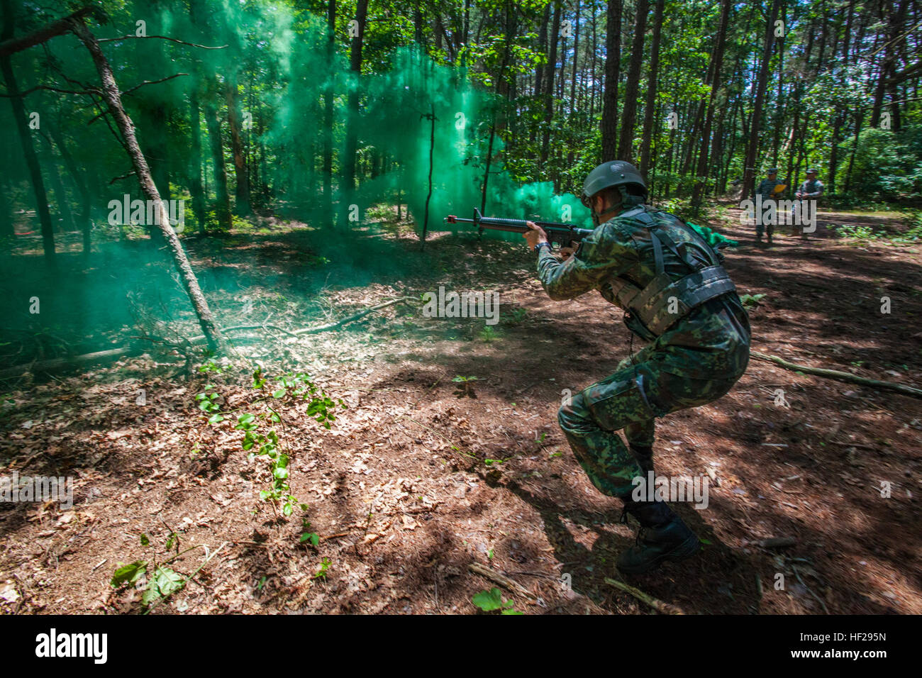 Un albanese candidato ufficiale di anticipo su una mitragliatrice posizione durante un assalto alla missione di formazione in corrispondenza della giunzione baseGuire-Dix Mc-Lakehurst, N.J., 26 giugno 2014. Durante la tre giorni di campo Esercizio di leadership, membri del funzionario albanese della classe di candidati 001 sono state valutate mediante il plotone formazione degli ufficiali sul loro potenziale di leadership. Durante l'esercizio, i candidati eseguiti vari situazionale esercizi di formazione inclusi, assault recon e imboscate. Situazionale esercizi di addestramento sono brevi, scenario-driven, mission-oriented esercizi pensati per la formazione di un collettivo di attività o di un gruppo di t correlate Foto Stock