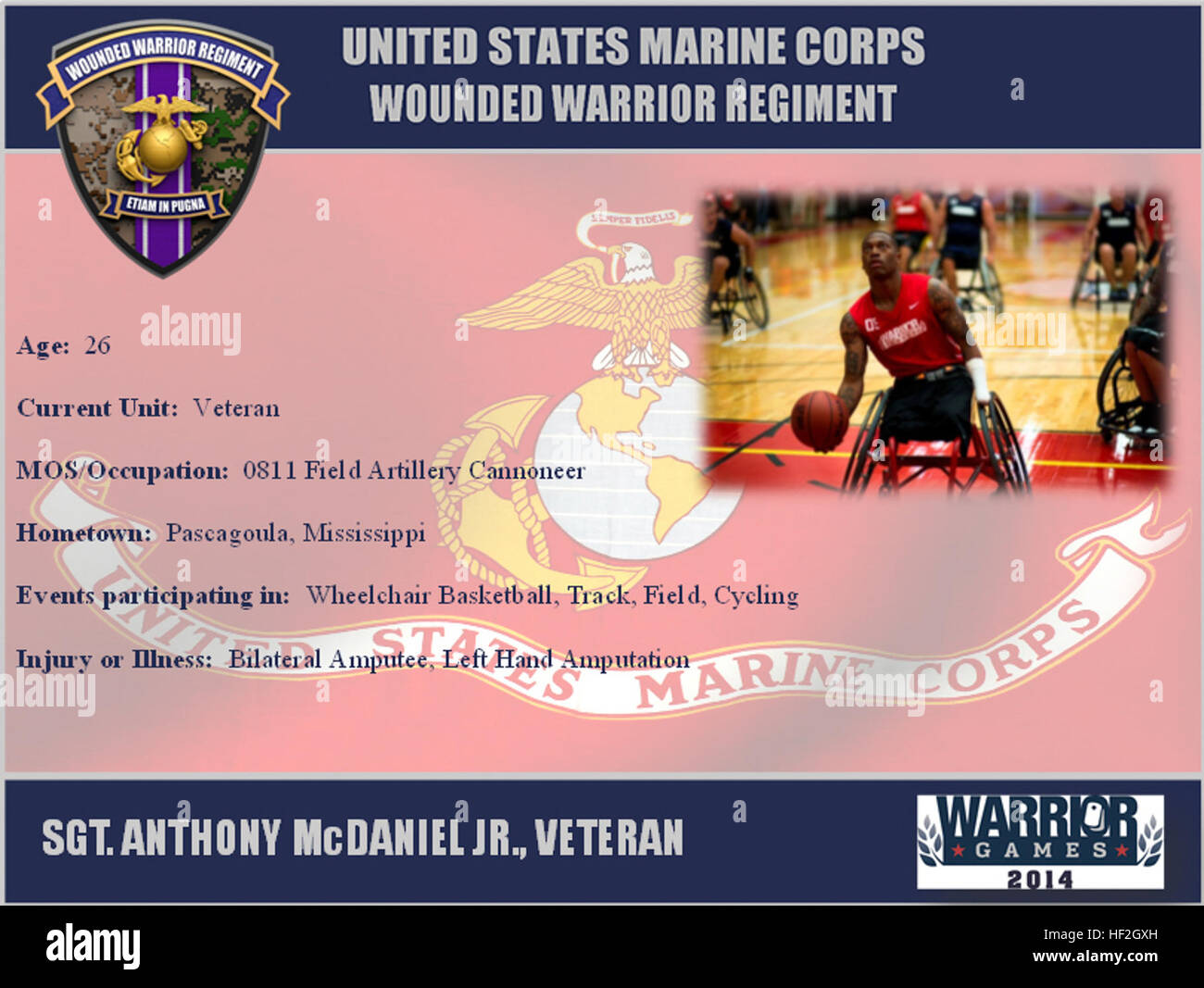 Profilo di atleta di Sgt. Anthony McDaniel Jr., nativo di Pascagoula, Mississippi competere con il team di marino per il 2014 Giochi guerriero. La squadra di marino è costituita sia da Active Duty e veterani feriti e ammalati e feriti Marines che sono attaccati o supportato dal guerriero ferito reggimento, l'unità ufficiale del Marine Corps incaricato di fornire esauriente non recupero medico cura di feriti e ammalati e feriti fanti di marina. Il guerriero sono i Giochi Paralimpici di uno stile di concorrenza per più di 200 feriti e ammalati e feriti servicemembers e si svolgono dal 28 settembre al 5 ottobre presso Foto Stock