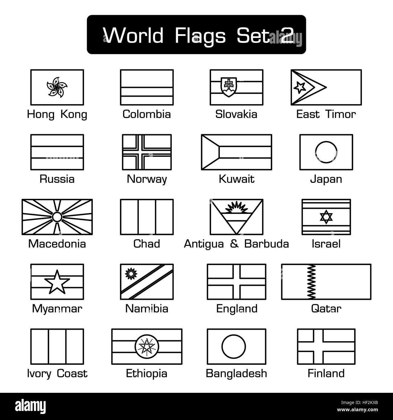 Bandiere del mondo set 2 . stile semplice e design piatto . fitta scaletta . in bianco e nero . Foto Stock