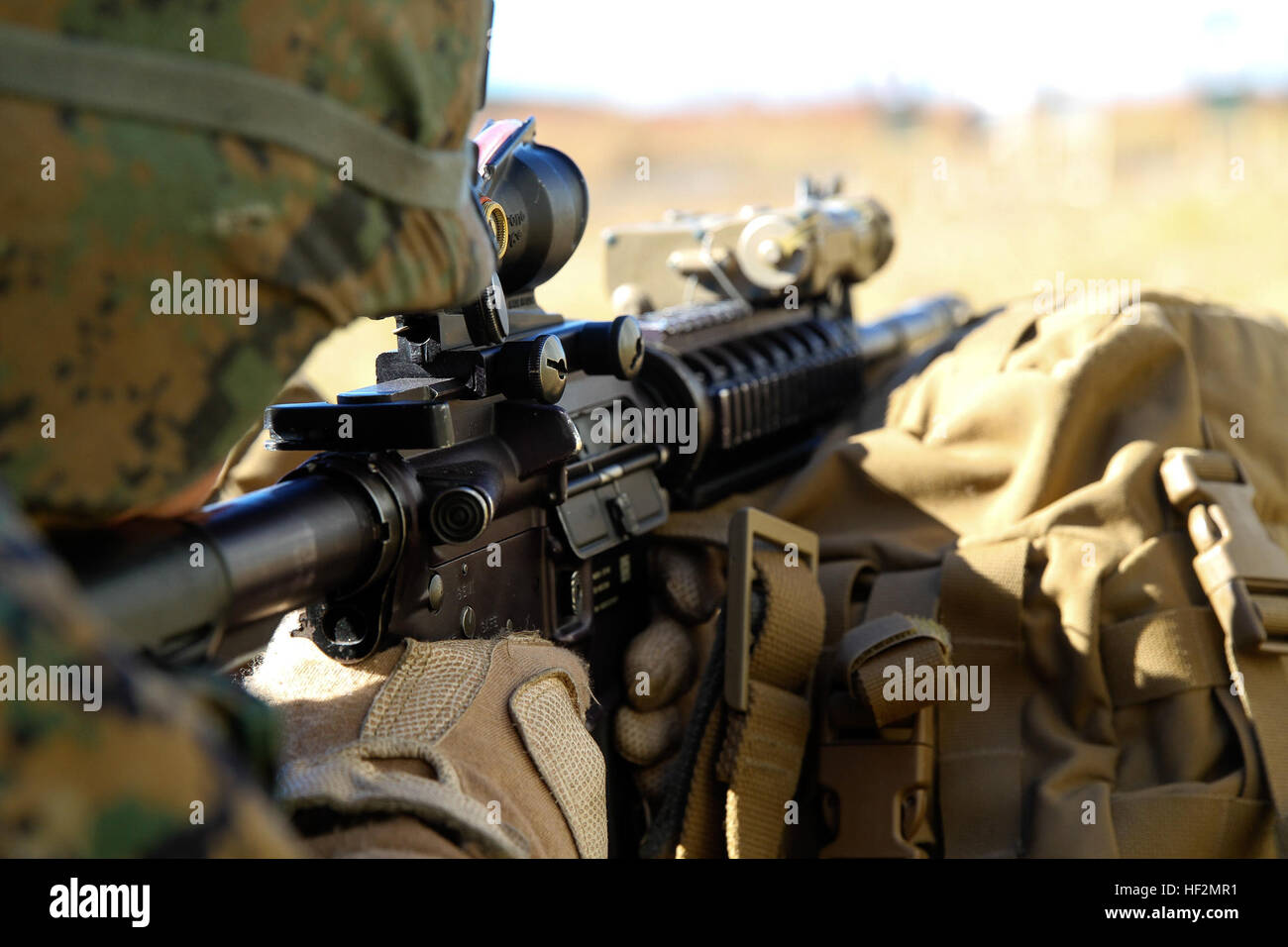 Un Marine con Bravo Company, Battaglione Team di atterraggio 3° Battaglione, 6° Reggimento Marini, 24 Marine Expeditionary Unit, luoghi turistici attraverso un M16A4 service fucile durante una taratura di armi esercizio di Camp Lejeune, N.C., nov. 7, 2014. I marines condotto la formazione per assicurare che tutti i sistemi di arma funzionino correttamente e siano pronti per la prossima distribuzione alla fine dell'anno. Bravo Co. è il BLT luce della ricognizione corazzato distacco dalla seconda luce corazzato battaglione di ricognizione, seconda divisione Marine. (U.S. Marine Corps photo by Lance Cpl. Austin A. Lewis) XXIV MEU LAR del distacco Foto Stock