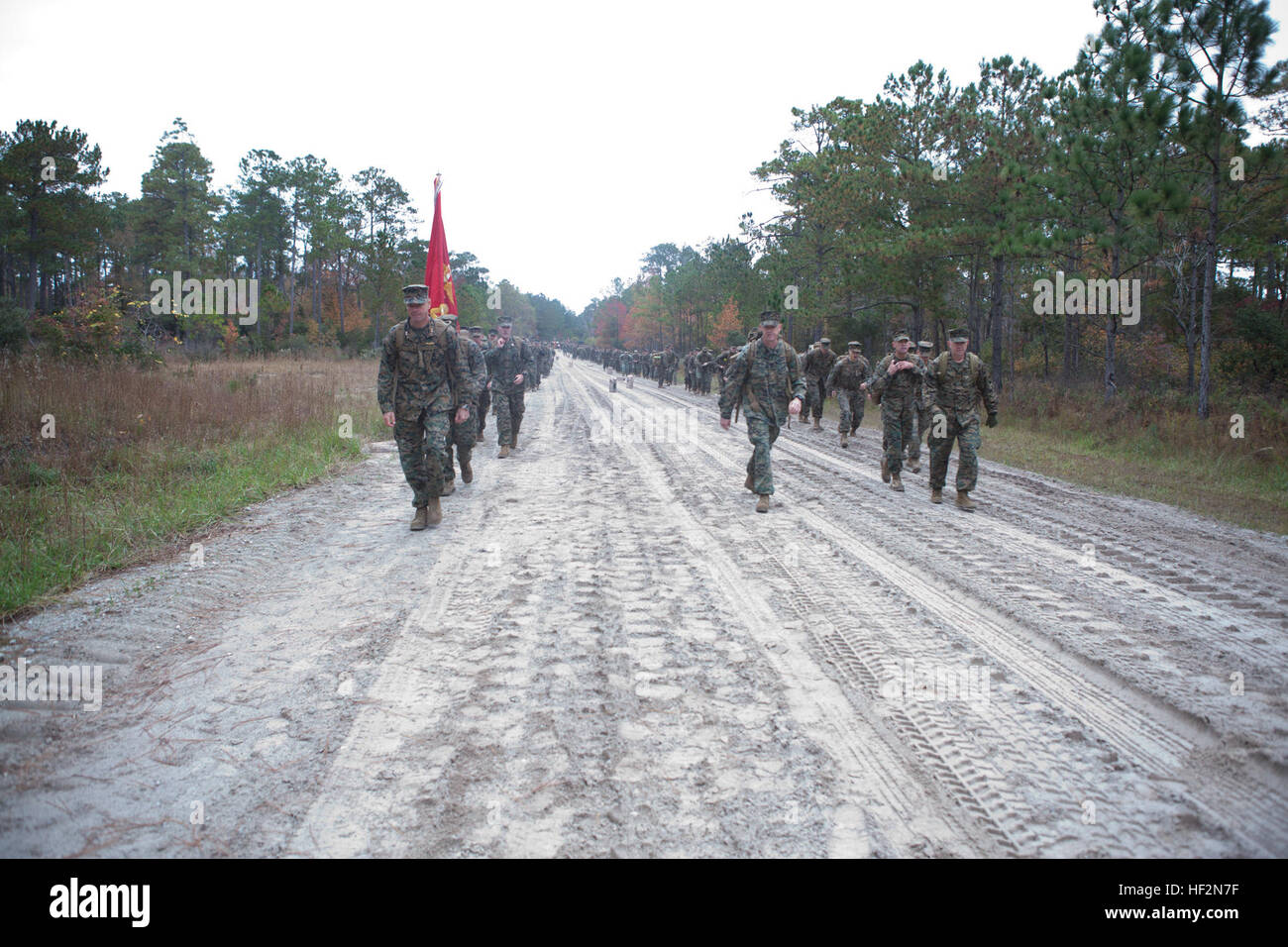 Stati Uniti Marines con II Marine Expeditionary Force (II MEF) condurre un 11 miglia escursione attraverso il Camp Lejeune, N.C., nov. 14, 2014. II MEF prevede di aumentare la frequenza delle escursioni nei prossimi mesi, mantenendo Marines fisicamente e mentalmente montare. (U.S. Marine Corps photo by Lance Cpl. Sarah Blendowski, seconda divisione Marine combattere la telecamera/RILASCIATO) II MEF Escursione 141114-M-CH063-750 Foto Stock