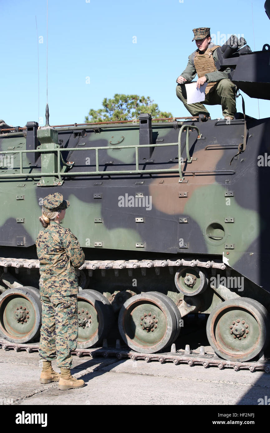 Il Mag. Jane Blair, in basso a sinistra e il responsabile della ricerca monitorare team, istituzionale Review Board, parla con Sgt. Dagmar Mollenkopf, acqua del supporto tecnico, assalto anfibio veicolo plotone, la società B, il combattimento a terra integrati elemento Task Force, poco prima di un esercizio di formazione al secondo assalto anfibio rampa di battaglione al Marine Corps base Camp Lejeune, North Carolina, nov. 19, 2014. Il monitor di ricerca team è responsabile del rispetto quotidiano allenamento e operazioni e garantire il trattamento etico dei soggetti di ricerca. (U.S. Marine Corps foto di Cpl. Paul S. Martinez/RILASCIATO) integrato Foto Stock