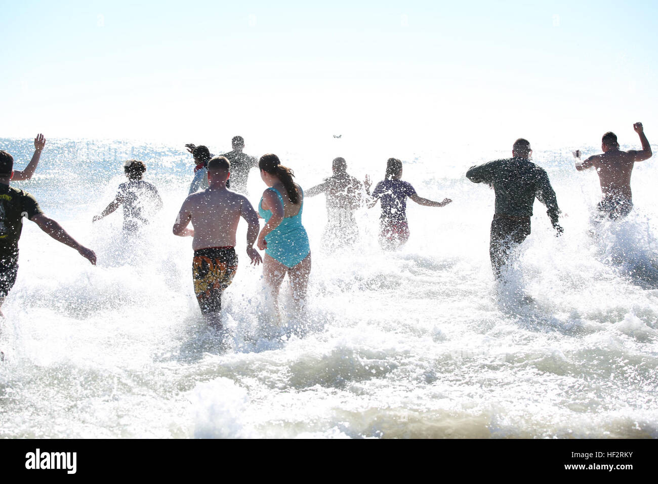 Marines e rappresentanti con il combattimento a terra integrati elemento Task Force prendere il tuffo polare durante le Olimpiadi Speciali Onslow County polare a tuffo Onslow Beach a bordo Marine Corps base Camp Lejeune, Carolina del Nord, 10 gennaio, 2015. Più di 400 persone hanno partecipato e il denaro raccolto per le Olimpiadi Speciali North Carolina. Da ottobre 2014 a luglio 2015, il combattimento a terra integrati elemento Task Force sarà condotta individuale e collettiva per la formazione di competenze in designate combat arms specialità professionali al fine di facilitare gli standard basati su valutazione del fisico di eseguire Foto Stock