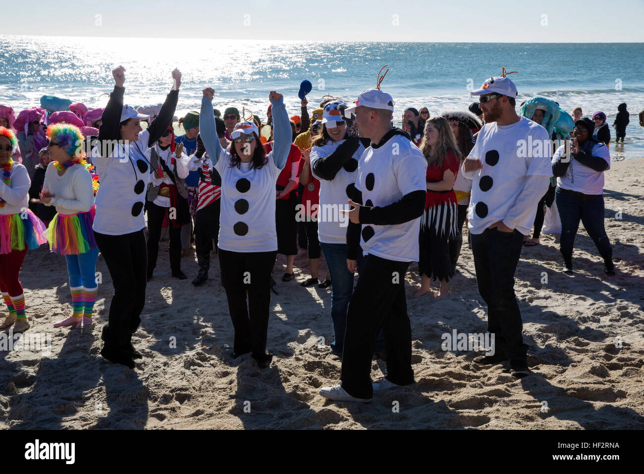 Le squadre competono in costume contest durante l'ottava edizione delle Olimpiadi Speciali tuffo polare a Onslow Beach a bordo Marine Corps base Camp Lejeune, N.C., 10 gennaio. 2015. Oltre 400 persone hanno partecipato a questo anno la manifestazione che ha sollevato più di $16.000 per il locale Special Olympics. (Marine Corps Foto di Cpl. Chelsea D. Toombs) Special Olympics ospita tuffo polare 150110-M-ZZ999-176 Foto Stock