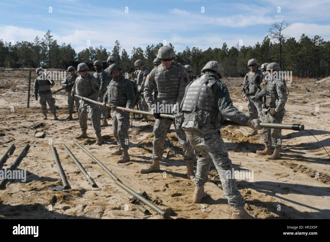 Gli ingegneri dal il 105° Battaglione ingegnere lavora in team per preparare bangalore siluri della detonazione durante il corso di formazione a Fort Bragg, N.C., Febbraio 7, 2015. Almeno una volta all'anno, i soldati hanno la possibilità di mettere in pratica e di mantenere le loro competenze di ingegneria assemblando detonanti e diversi tipi di cariche esplosive. (U.S. Esercito nazionale Guard foto di Spc. Lisa vitigni, 382 Affari pubblici Distacco/RILASCIATO) ingegneri a costruire un clima di fiducia e di cariche esplosive durante la formazione 150207-Z-EH515-042 Foto Stock