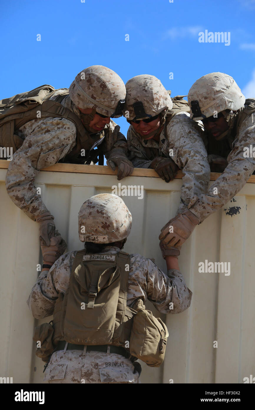 Da sinistra a destra: Anti-serbatoio missilemen con sezione Anti-Armor, armi Company, il combattimento a terra integrati elemento Task Force, Cpl. Ruben J. Ayala, Sgt. Amaya Marin Garnica e Lance Cpl. Terrence A. laico, sollevare Sgt. Emma A. Bringas per otto piedi parete ostacolo durante un test pilota a gamma 107, Marine Corps Air Ground Centro di combattimento ventinove Palms, California, il 2 marzo 2015, in preparazione per il Marine Corps Prova di funzionamento e di attività di valutazione Valutazione. Da ottobre 2014 a luglio 2015, il GCEITF sarà condotta individuale e collettivo di competenze di livello di formazione in terra designata com Foto Stock