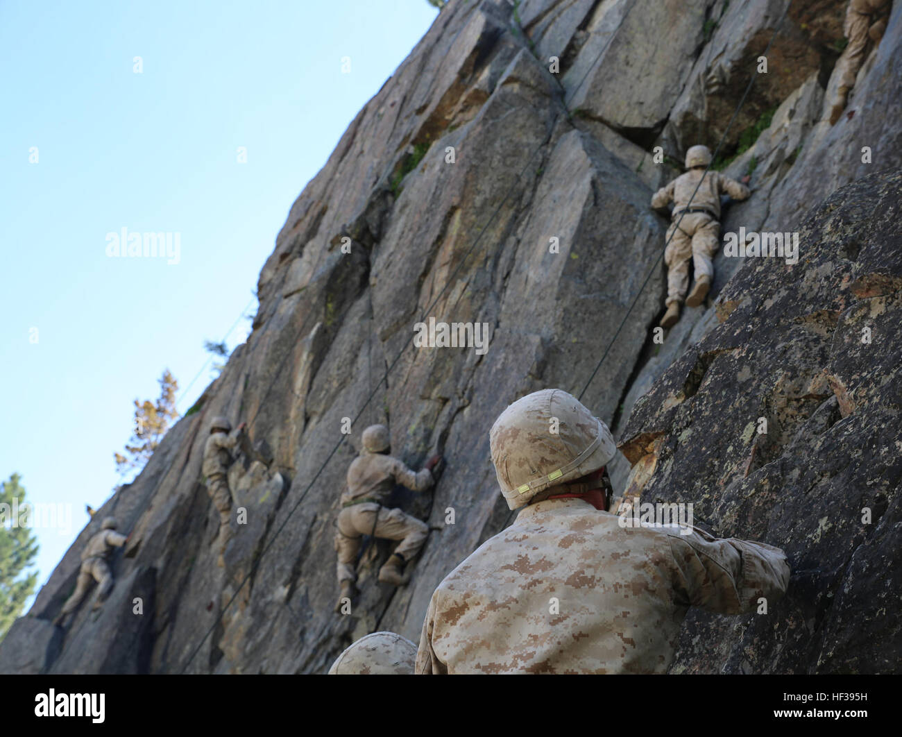 Marines con Alfa Company, il combattimento a terra integrati elemento Task Force, salire a 40-piede scogliera durante un pilota Marine Corps Prova di funzionamento e valutazione valutazione di attività a bordo Marine Corps Mountain Warfare Training Center Bridgeport, California, 3 maggio 2015. Da ottobre 2014 a luglio 2015, il GCEITF sarà condotta individuale e collettivo di competenze di livello di formazione in designato il combattimento a terra i bracci di specialità professionali al fine di facilitare la basata su standard di valutazione della prestazione fisica di Marines in simulato un ambiente operativo eseguendo la massa specifica combat arms tas Foto Stock
