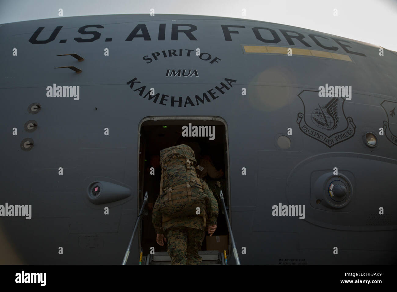 Joint Task Force 505 membri a bordo di un U.S. Air Force C-17 Globemaster III a l'aeroporto internazionale di Tribhuvan di Kathmandu, Nepal, durante il funzionamento Sahayogi Haat maggio 19. Il piano è di portare U.S. Marines torna a Okinawa, Giappone. Il militare degli Stati Uniti è venuto insieme come JTF su richiesta del governo del Nepal e Stati Uniti Agenzia per lo Sviluppo Internazionale in risposta ad un 7.8 terremoto di magnitudine 25 aprile. (U.S. Marine Corps Foto di Cpl. Il Thor J. Larson/RILASCIATO) JTF 505 si diparte il Nepal 150519-M-MS007-022 Foto Stock