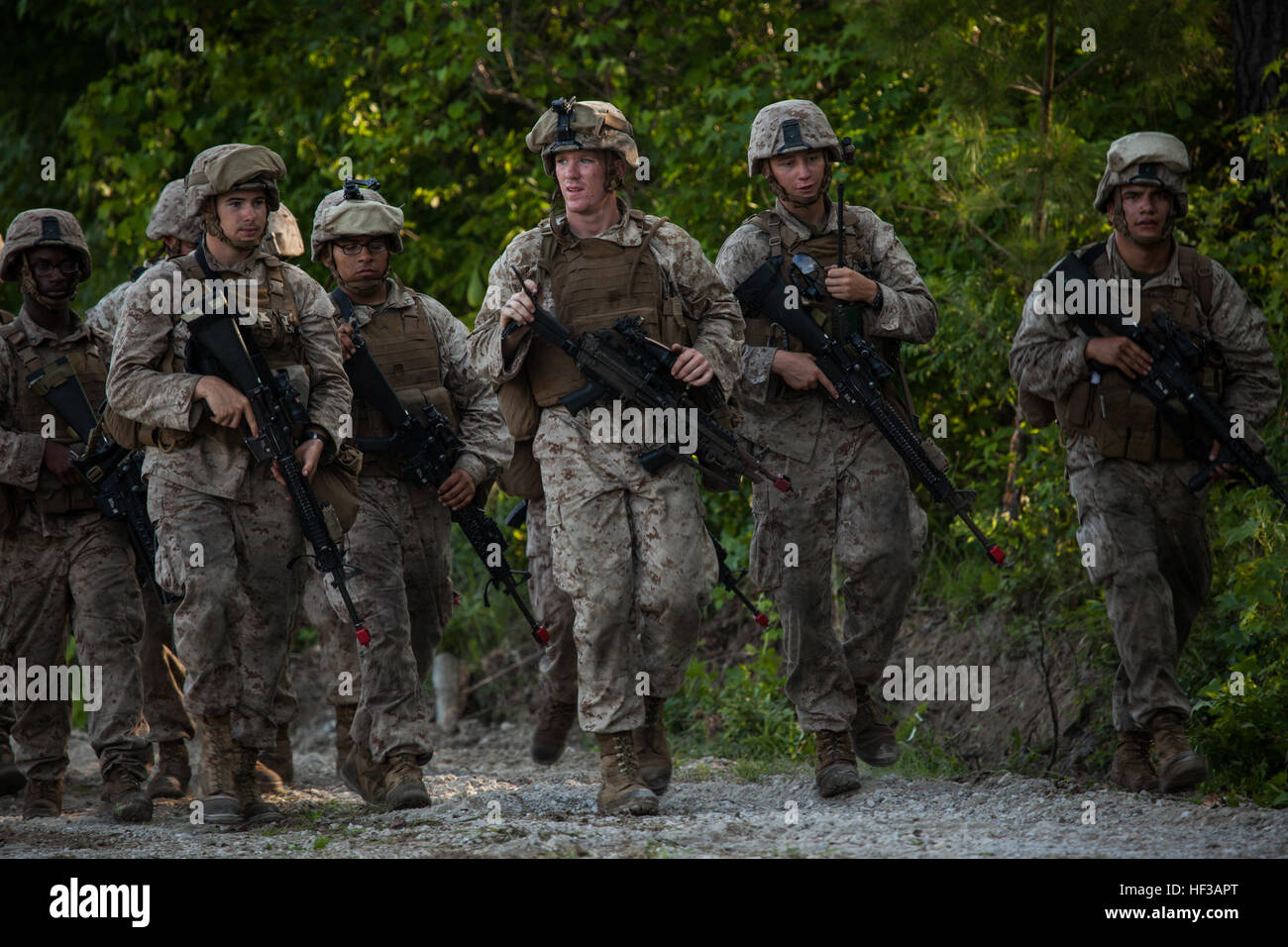 Stati Uniti Marines da 2D'ingegnere di combattimento battaglione (CEB), seconda divisione Marine, a piedi un riepilogo finale dopo la conduzione di una simulazione sulla forza bruta alla formazione di zona di atterraggio Pullover, Camp Lejeune, N.C., 21 maggio 2015. I marines di 2D CEB con supporto da 8 Supporto tecnico di battaglione, 2D serbatoi battaglione, Assalto e battaglione anfibio ha partecipato al Campo CEB Esercizio per mantenere la prontezza operativa. (U.S. Marine Corps photo by Lance Cpl. Chloe Nelson 2D MARDIV Combattere la telecamera/RILASCIATO) 2D CEB FEX 150521-M-UY788-113 Foto Stock