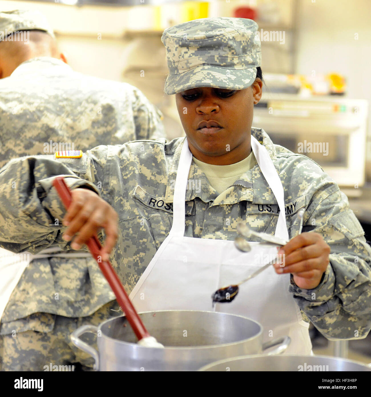 Spc. Dondrika Ross, di McComb, Miss., assegnato alla società E, 1° Battaglione, 185th reggimento di aviazione, Mississippi esercito nazionale Guard smuove gli ingredienti nella minestra di pomodoro durante un servizio alimentare workshop condotto da arti culinarie Institute presso l'Università del Mississippi per le donne il 23 luglio 2015. L'ottavo workshop annuale previsto MSARNG food service specialist con lezioni e workshop pratici di sviluppo di abilità progettati non solo per concentrarsi sulle nozioni di base, ma anche per introdurre tecniche avanzate relative al cibo dell'esercito programmi di servizio. Più di 75 soldati sono stati addestrati in quanto il programma ince Foto Stock