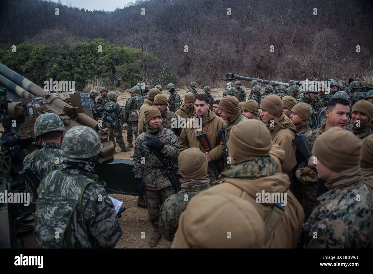 I Marines statunitensi della Golf Battery, 1st Battalion, 5th Marines, 31st MEU e Republic of Korea Marines della Bravo Battery, 11th Battalion, 1st ROK Division si addestrano insieme su sistemi di artiglieria a Sanseori, Pohang, Corea del Sud durante l'esercitazione Ssang Yong 16. L'esercizio migliora l'interoperabilità, il coordinamento e la comprensione reciproca tra le forze alleate. Foto Stock
