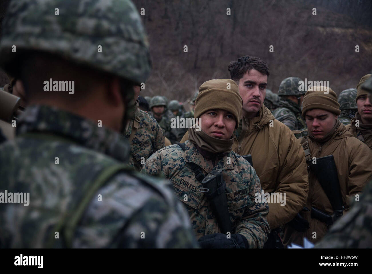 US Marines da Golf Battery, 1st Battalion, 5th Marines, 31st Marine Expeditionary Unit, ricevono istruzioni dai Marine della Repubblica di Corea assegnati a Bravo Battery, 11th Battalion, 1st ROK Division sul KH-179 Howitzer durante l'esercitazione Ssang Yong 16, Sanseori, Pohang, Repubblica di Corea, 16 marzo, 2016. l'esercizio anfibio combinato biennale rafforza l'interoperabilità e il coordinamento tra le forze alleate. Foto Stock