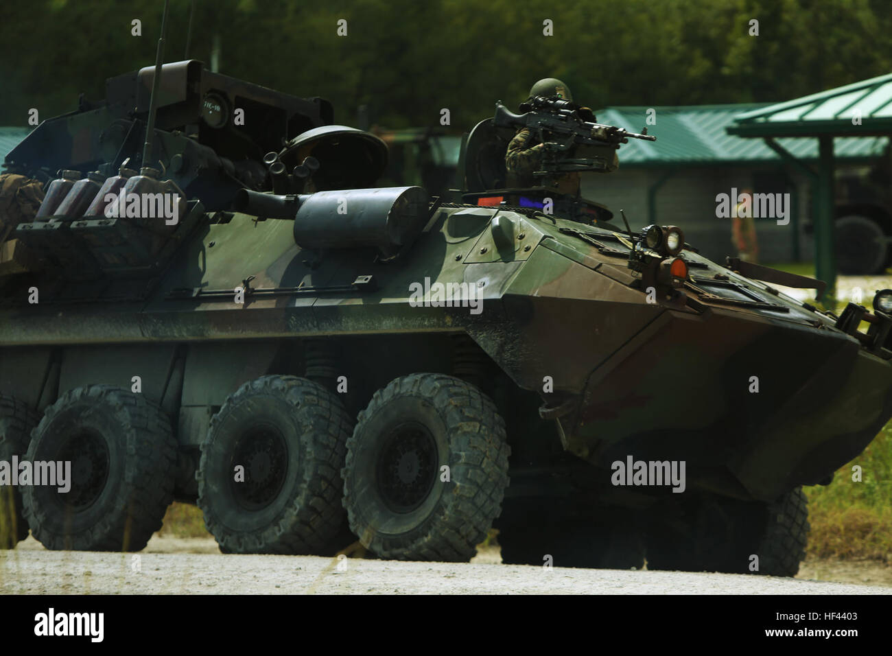 Un Marine con seconda luce corazzato battaglione di ricognizione scorre una luce veicolo blindato Anti-Tank su un intervallo durante un combinato di gamma di armi a Camp Lejeune, N.C., Sett. 20-21, 2016. Il LAV-AT utilizza tubo-lanciato, otticamente inseguito, filo guidate (traino) missili per combattere le cisterne durante la battaglia. La formazione è aumentato i Marines' proficiency su varie piattaforme per armi e migliorato la loro tattica di mentalità. Invece di concentrarsi su una specialità, questa formazione combinata di più sistemi di armi e veicoli per mostrare i Marines come utilizzare ogni risorsa in modo efficace e realizzare la missione. (U.S. Marine Corps Foto Stock