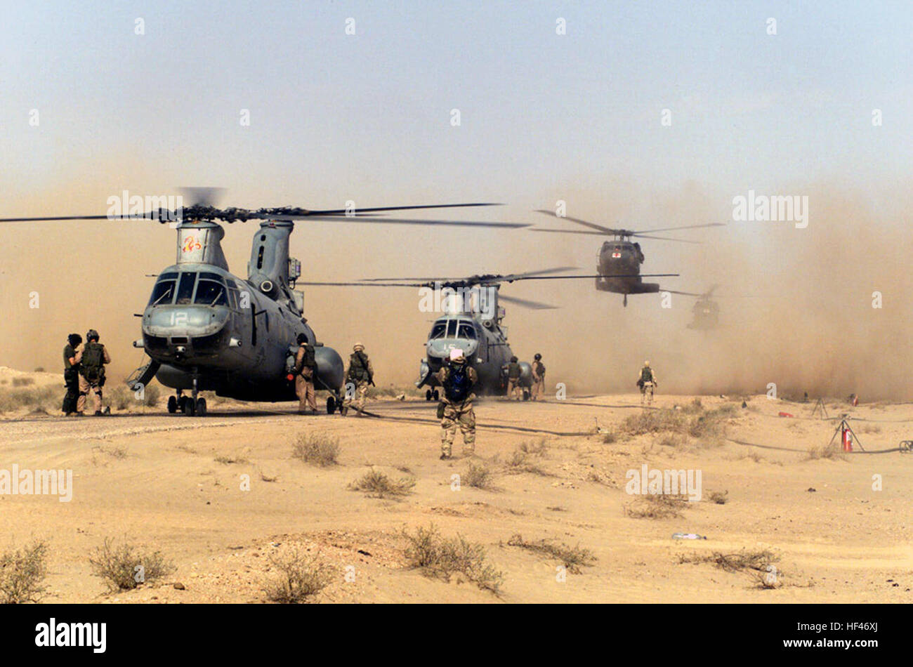 030325-M-3368I-005 Jalibah, Iraq (Mar. 25, 2003) -- Due CH-46's Cavalieri Del Mare e un UH-60 Blackhawk atterrare su un hardball strada vicino alla pista di atterraggio per aerei a Jalibah di assumere ulteriore combustibile prima di continuare la loro missione verso settentrione. Il punto di rifornimento è stato selezionato con cura dalla attivazione di avanzamento e punti di rifornimento (FARP) Commander per rifornirsi di questo tipo di aeromobile in un ambiente frenetico. Gli elicotteri dovranno effettuare forniture e Marines a sostegno dell'Operazione Iraqi Freedom. Operazione Iraqi Freedom è la multi-nazionali della Coalizione sforzo per liberare il popolo iracheno, eliminare IraqÕs armi di ma Foto Stock