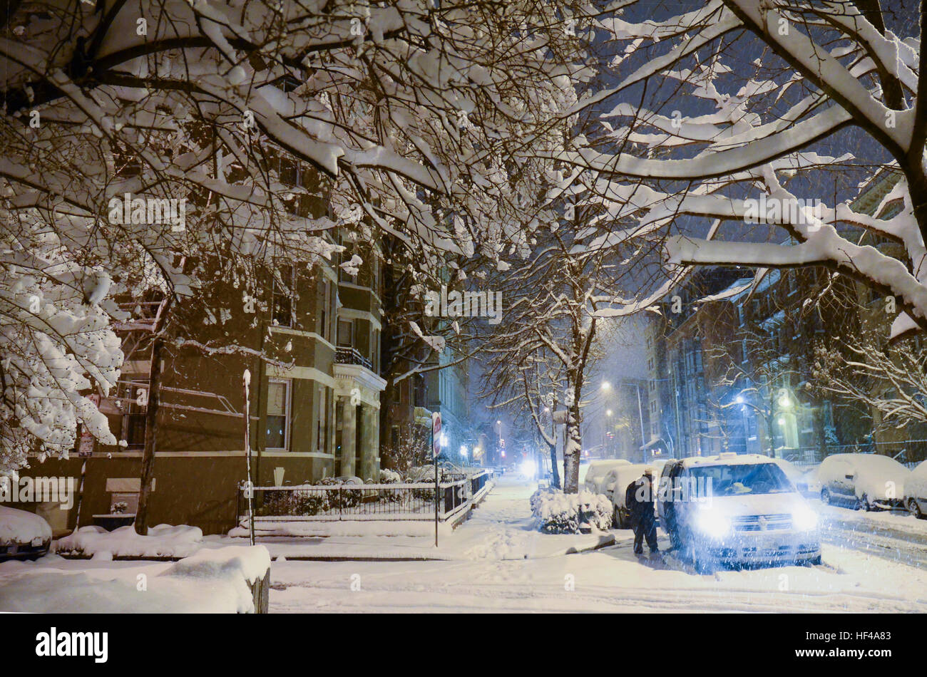 Coperte di neve alberi fanno una tettoia sopra un taxi la raccolta di un inizio di mattina passeggero, Washington DC. Foto Stock