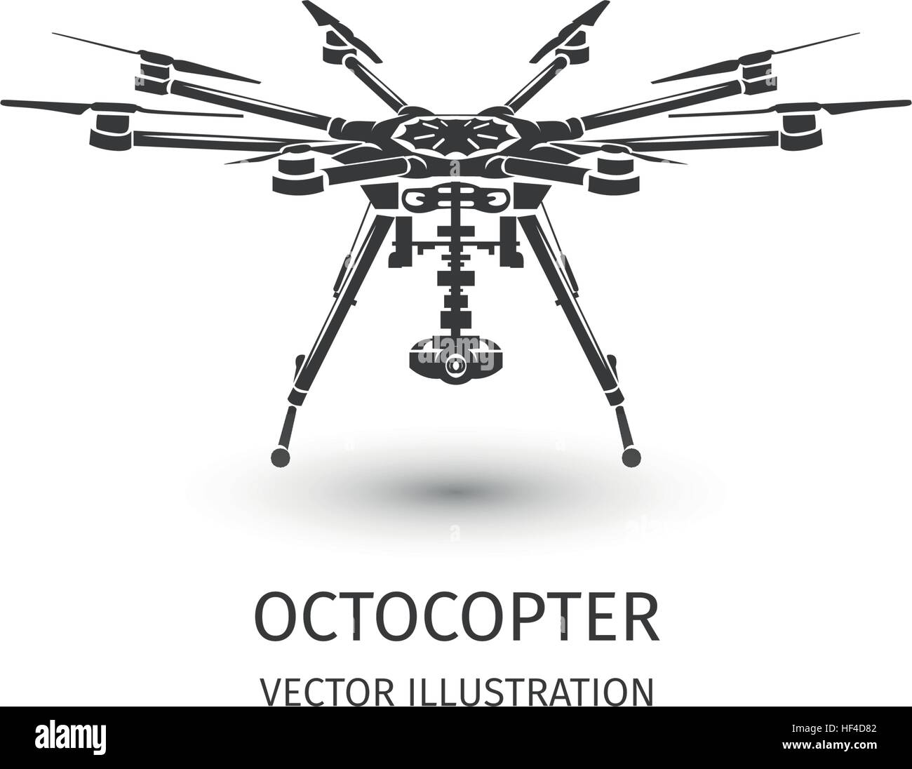 Isolato rc drone logo su bianco. Tecnologia Drone logotipo. Unmanned Aerial icona del veicolo. Il dispositivo di telecomando segno. Visione di sorveglianza multirotor. Vettore illustrazione octocopter. Illustrazione Vettoriale