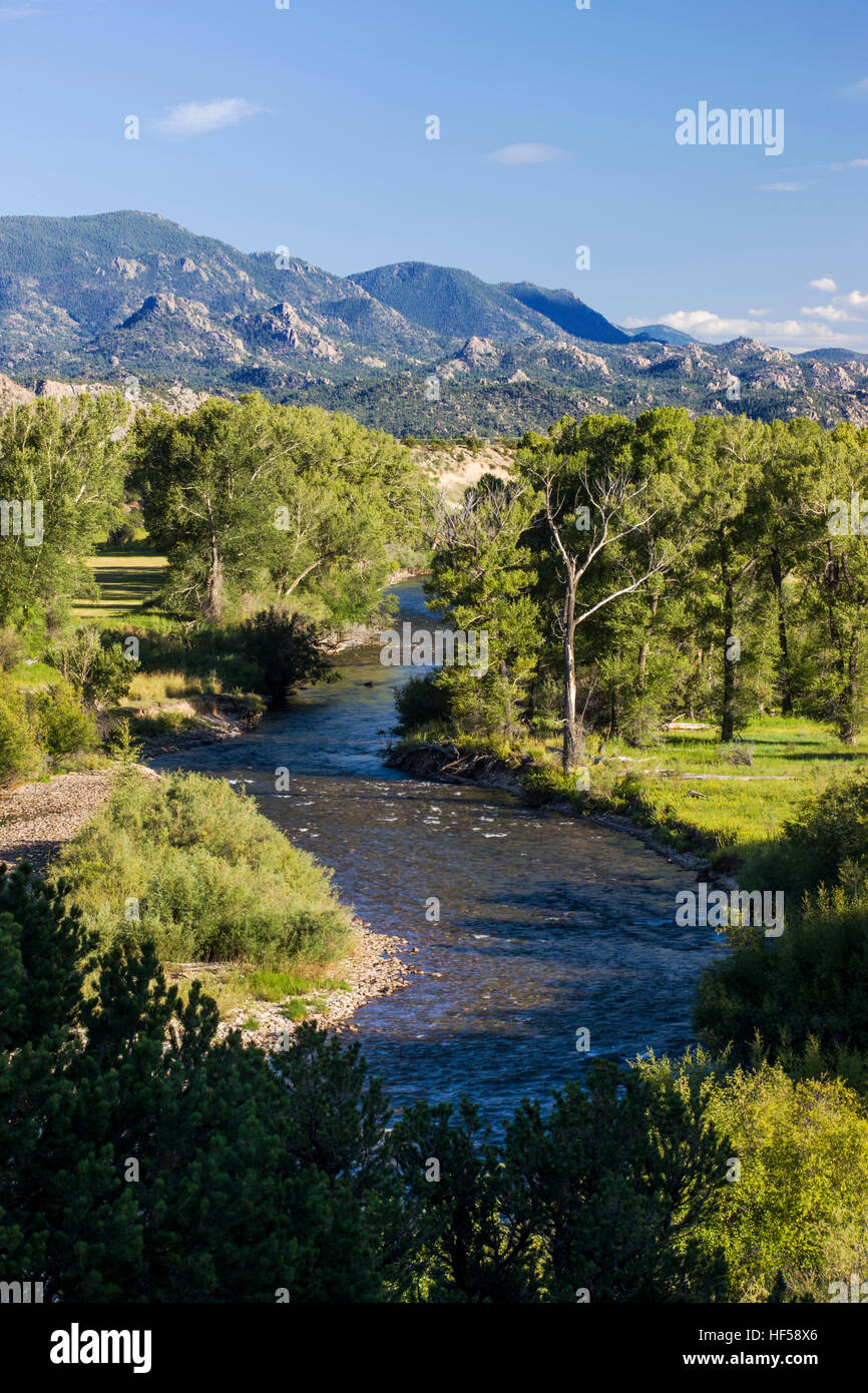 Vista del fiume Arkansas tra Salida e Buena Vista, Chaffee County, Colorado, STATI UNITI D'AMERICA Foto Stock