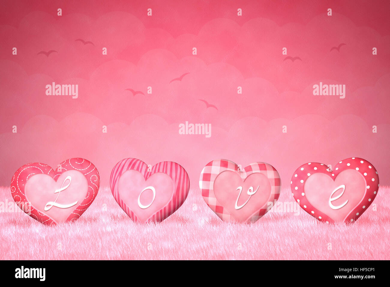 Carino piccolo cuore con la parola 'amore' su una sognante, sfondo rosa. Foto Stock