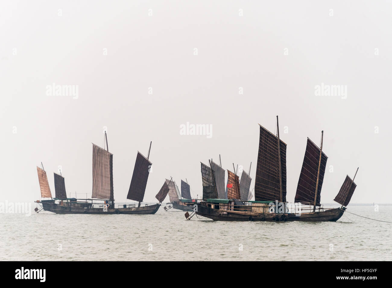 Junk barche sul lago Taihu, Huzhou, provincia dello Jiangsu, Cina Foto Stock