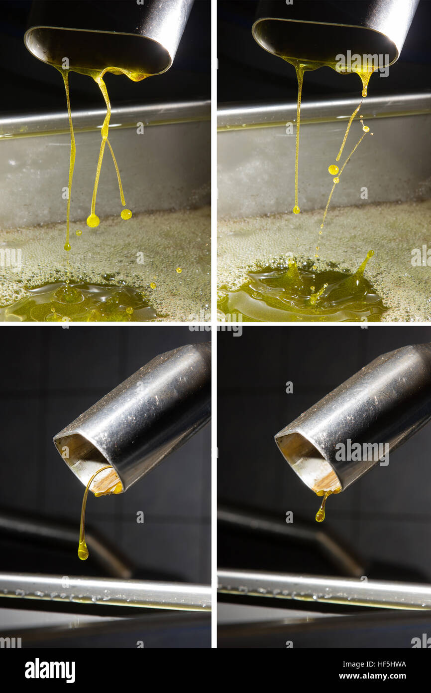 Olio di oliva poveri cadono fuori di un moderno frantoio Foto Stock