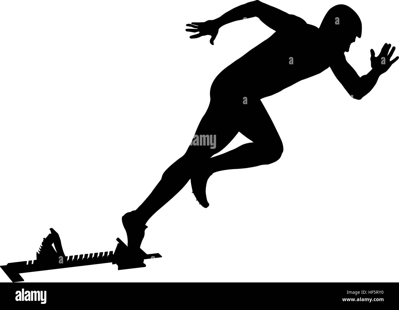 Atleta runner inizia a sprint dai blocchi di partenza silhouette nera Foto Stock