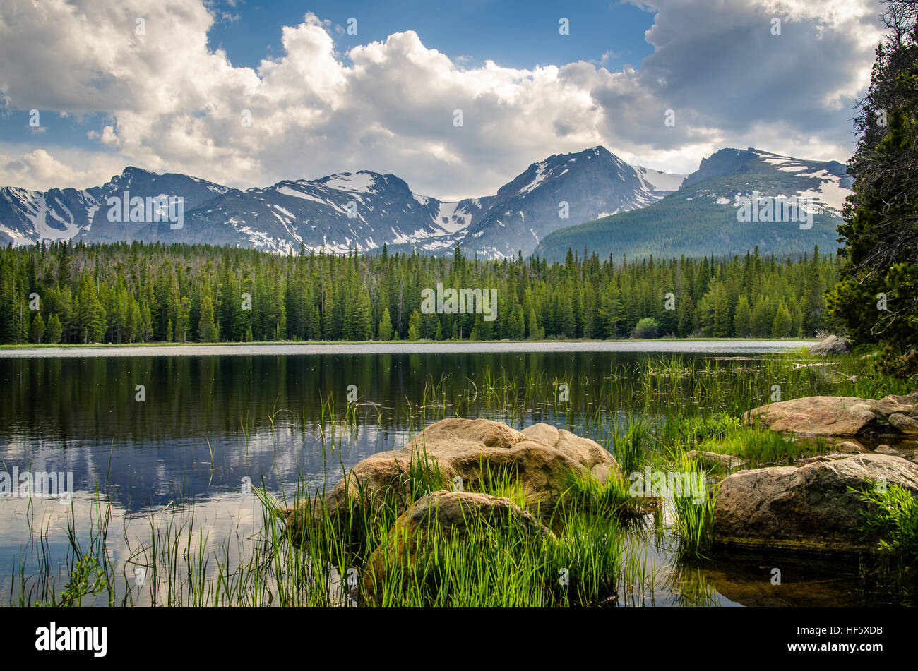 Paesaggio di montagne e foreste riflessa in un lago. Foto Stock