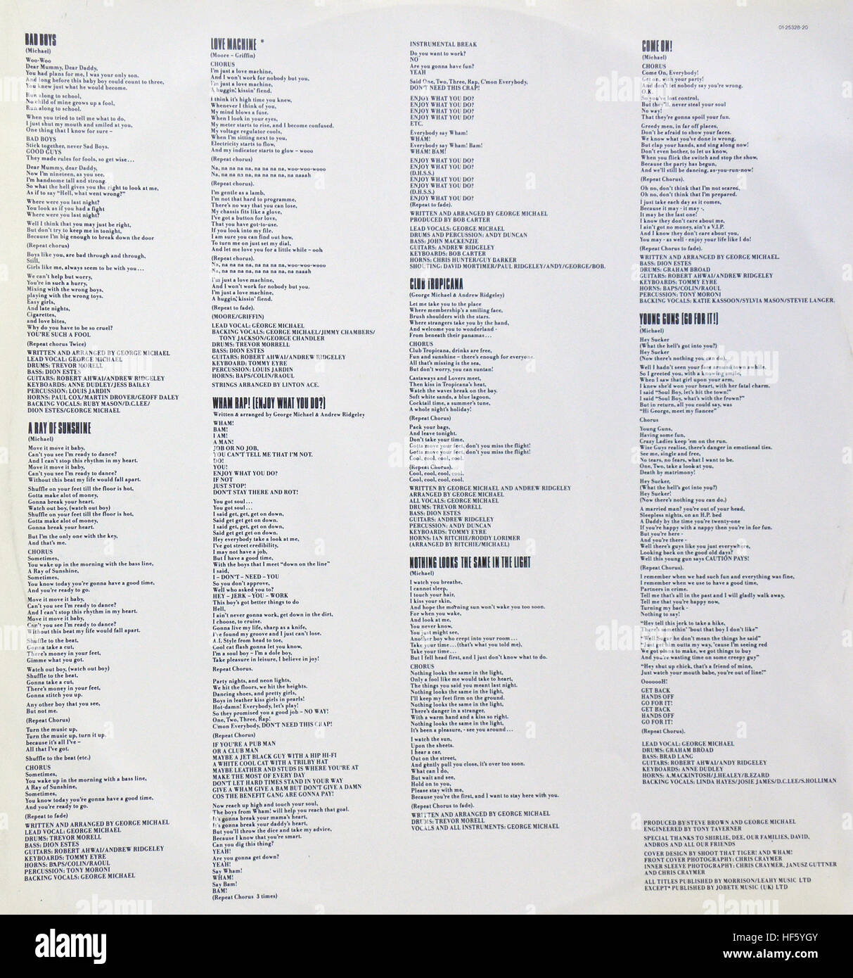 Wham! LP "fantastico", il grammofono registrare il manicotto interno B, George Michael e Andrew Ridgeley, 1983. Foto Stock