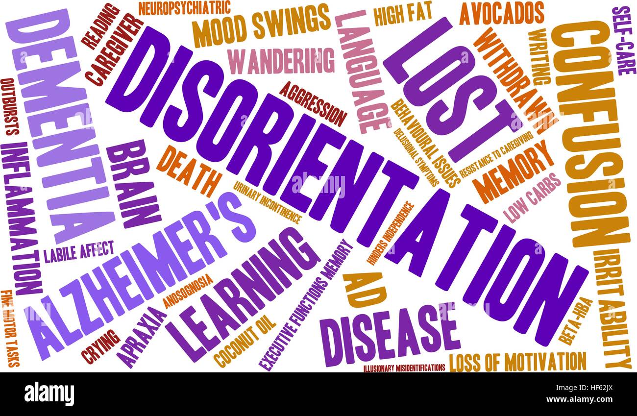 Disorientamento word cloud su uno sfondo bianco. Illustrazione Vettoriale