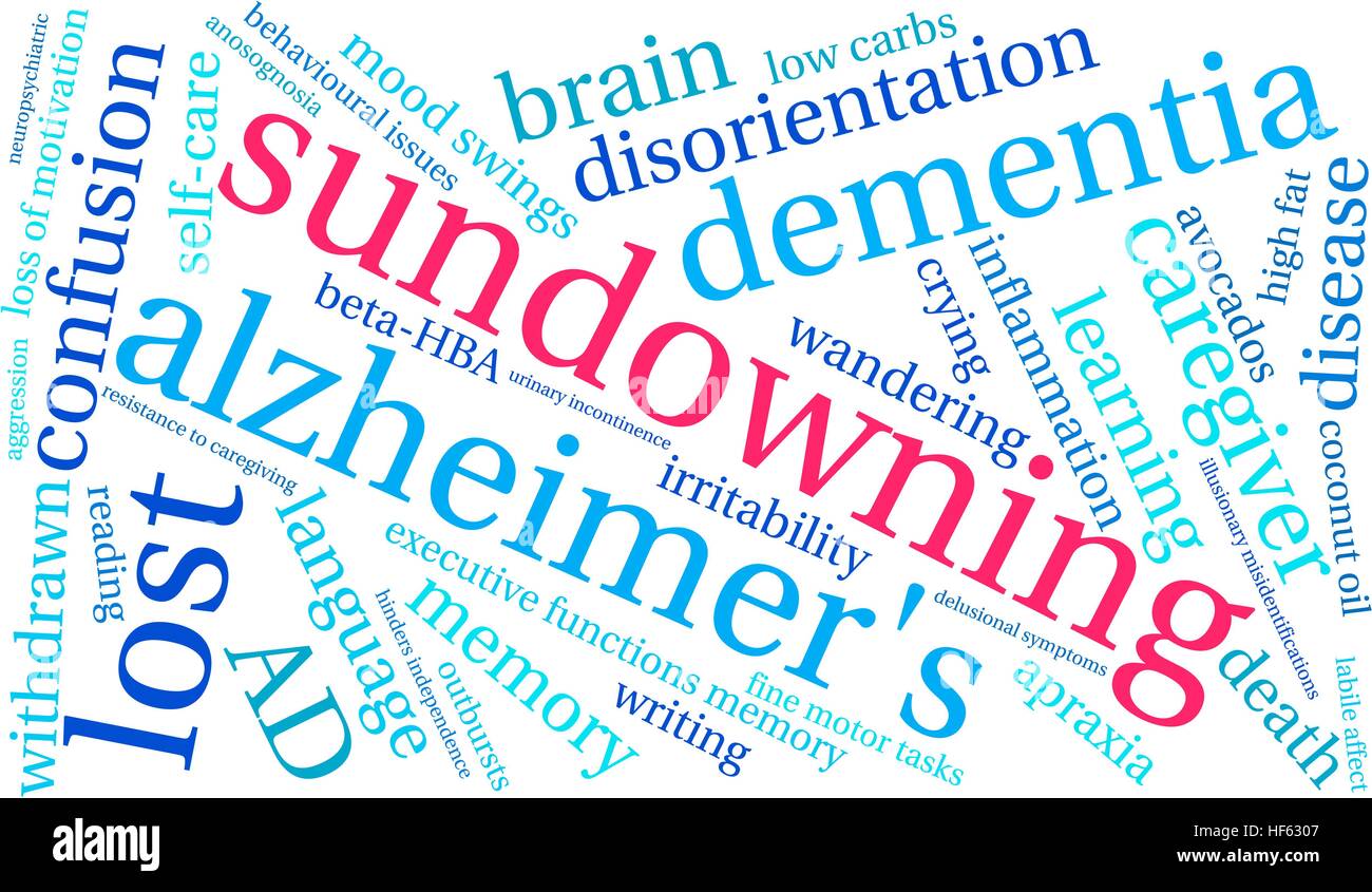 Sundowning word cloud su uno sfondo bianco. Illustrazione Vettoriale