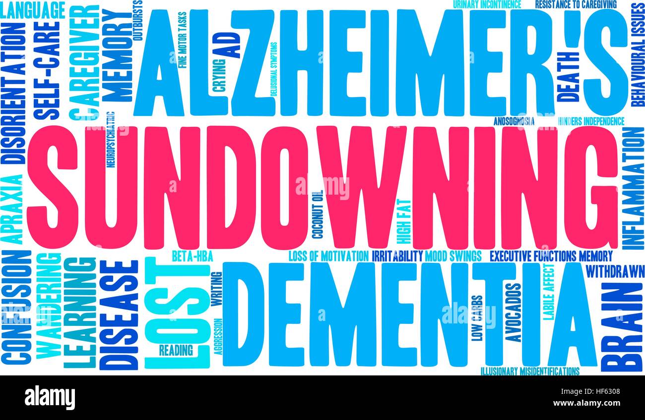 Sundowning word cloud su uno sfondo bianco. Illustrazione Vettoriale