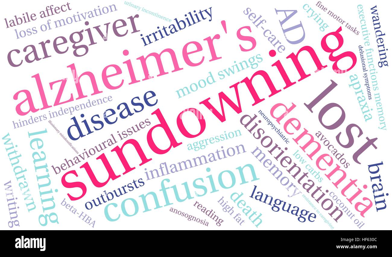 Sundowning word cloud su uno sfondo bianco. Illustrazione Vettoriale