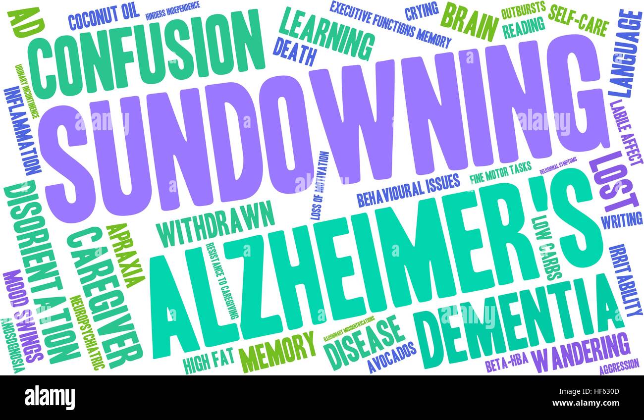 Sundowning word cloud su uno sfondo bianco. Illustrazione Vettoriale