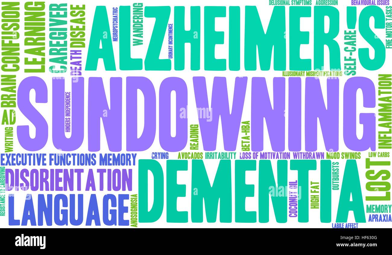 Sundowning word cloud su uno sfondo bianco. Illustrazione Vettoriale