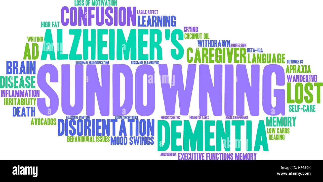 Sundowning word cloud su uno sfondo bianco. Illustrazione Vettoriale