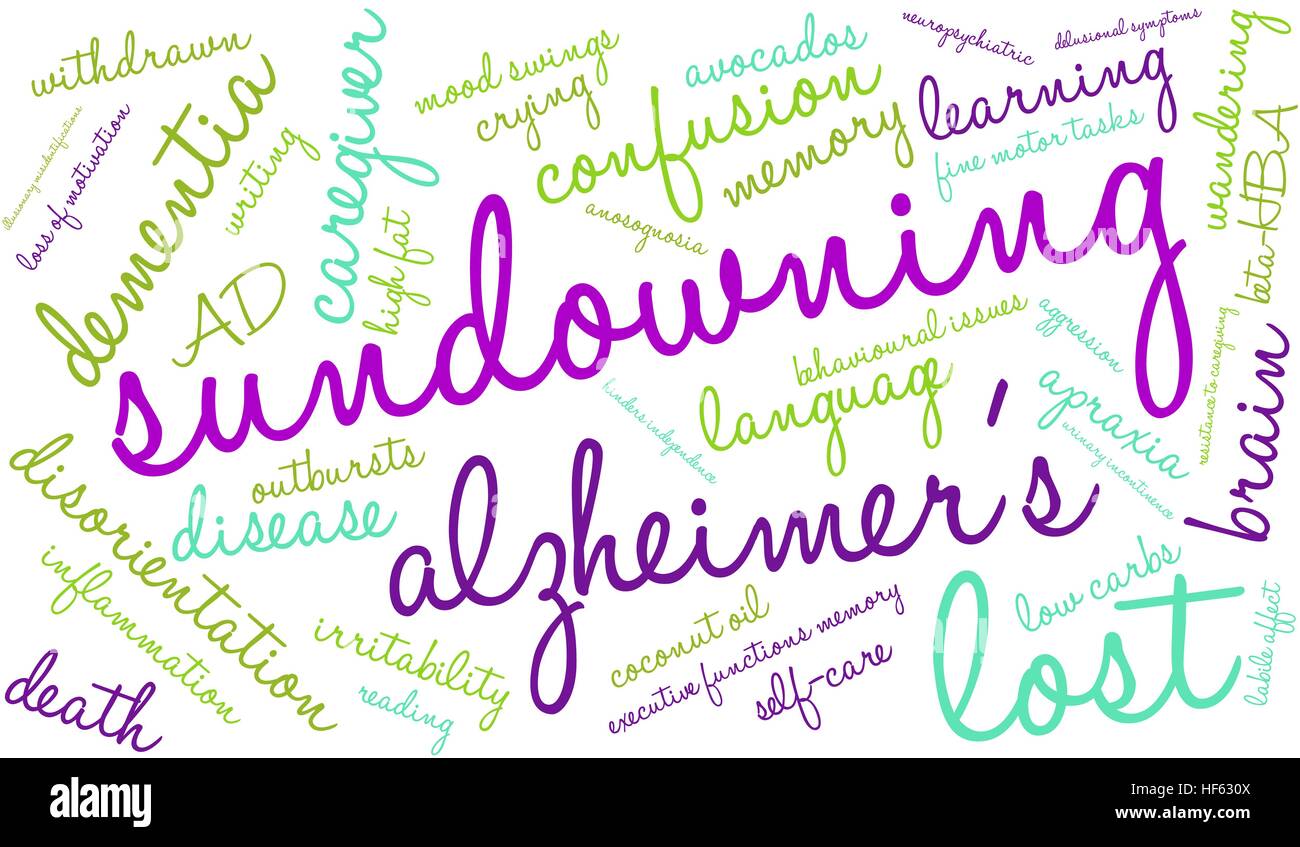 Sundowning word cloud su uno sfondo bianco. Illustrazione Vettoriale