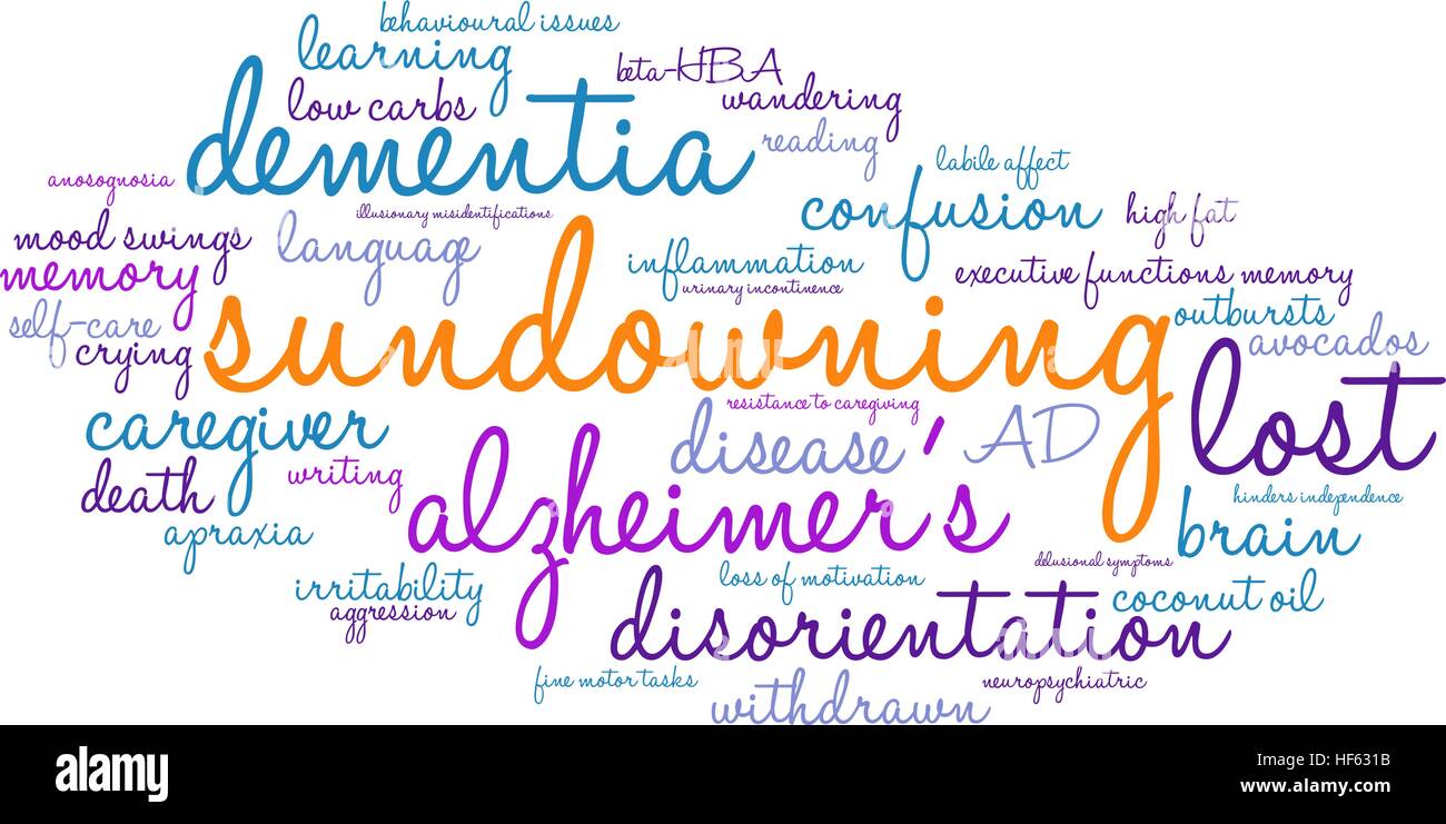 Sundowning word cloud su uno sfondo bianco. Illustrazione Vettoriale