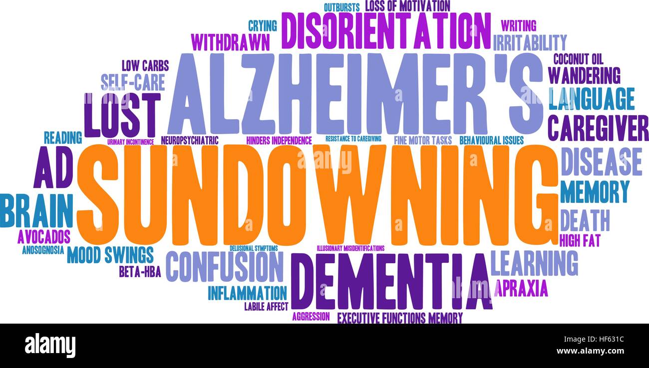 Sundowning word cloud su uno sfondo bianco. Illustrazione Vettoriale