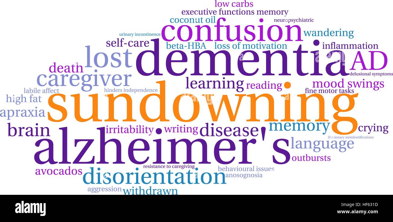 Sundowning word cloud su uno sfondo bianco. Illustrazione Vettoriale