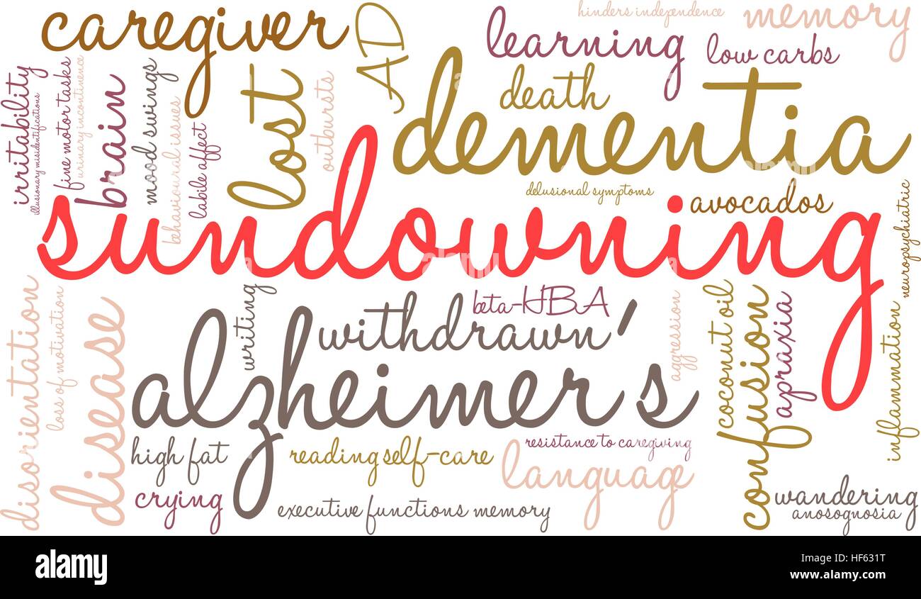 Sundowning word cloud su uno sfondo bianco. Illustrazione Vettoriale