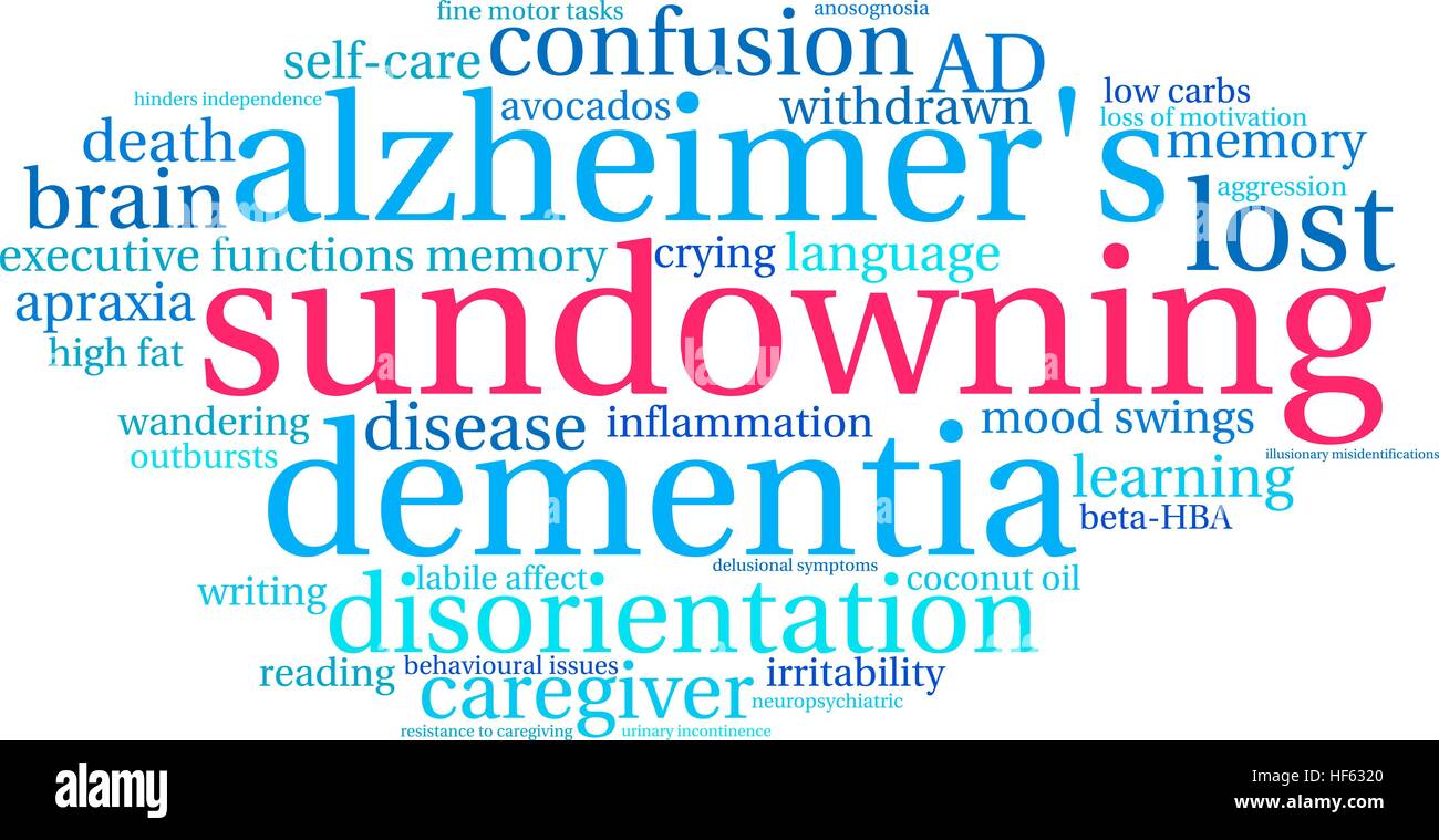Sundowning word cloud su uno sfondo bianco. Illustrazione Vettoriale